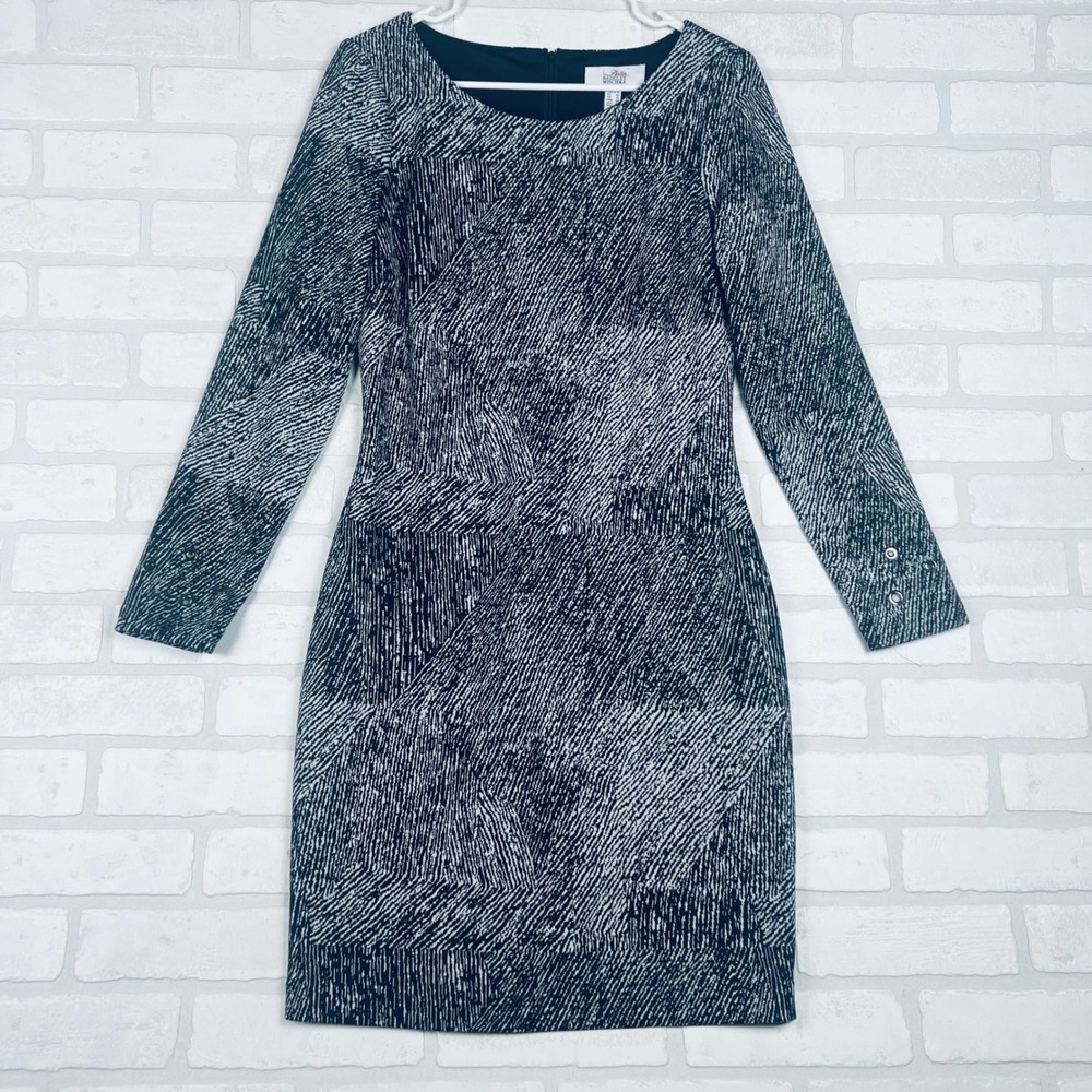 Belle Badgley Mischka Black White Abstract Print Long Sleeve Sheath Dress 10
